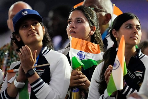 Athletes from India react during the 2024 Summer Olympics closing ceremony